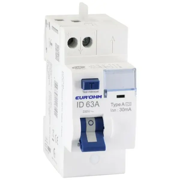 Interrupteur différentiel 63A 1P+N 30 mA Type A Connexions rapides H/H